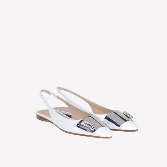 slingback flat in softy bianco con accessorio placca e strass in tinta rex - Bianco | Roberto Festa