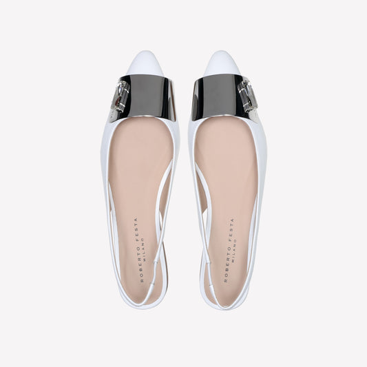 slingback flat in softy bianco con accessorio placca e strass in tinta rex - Bianco | Roberto Festa