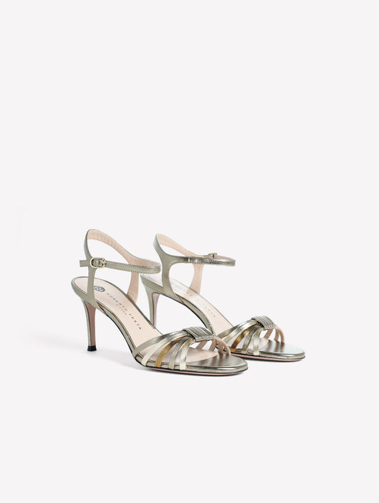 SANDALO IN PELLE LAMINATA COLOR TITANIO CON FASCE INTRECCIATE E TACCO MEDIO SEMIA - Scarpe da Sposa | Roberto Festa