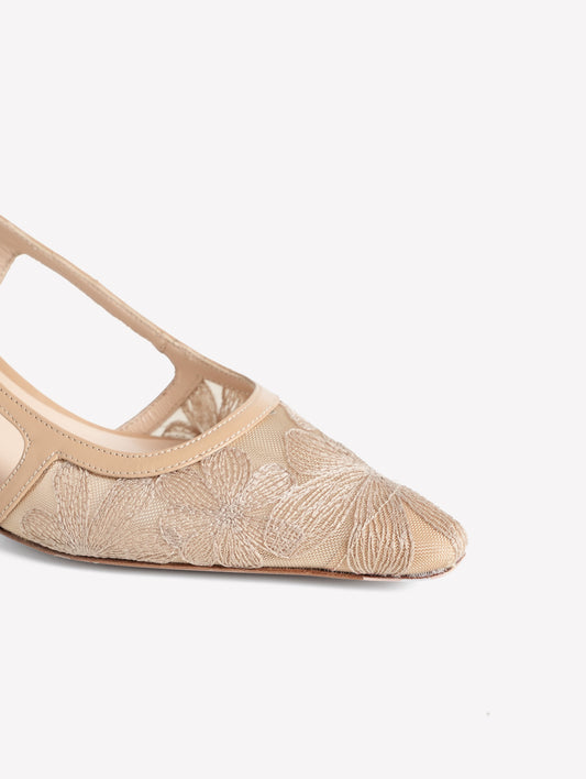 SLINGBACK IN TULLE CON FIORI RICAMATI SIRLA - Beige | Roberto Festa