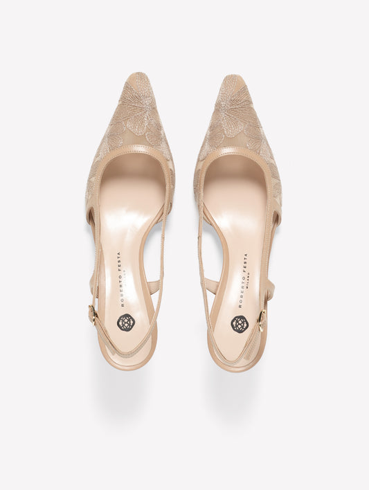 SLINGBACK IN TULLE CON FIORI RICAMATI SIRLA - Beige | Roberto Festa