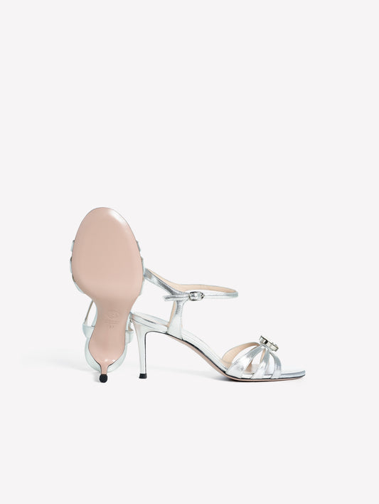 SANDALO IN PELLE LAMINATA ARGENTO CON FASCE SOTTILI  E PIETRA STRASS TACCO MEDIO SOPHIE - Argento | Roberto Festa