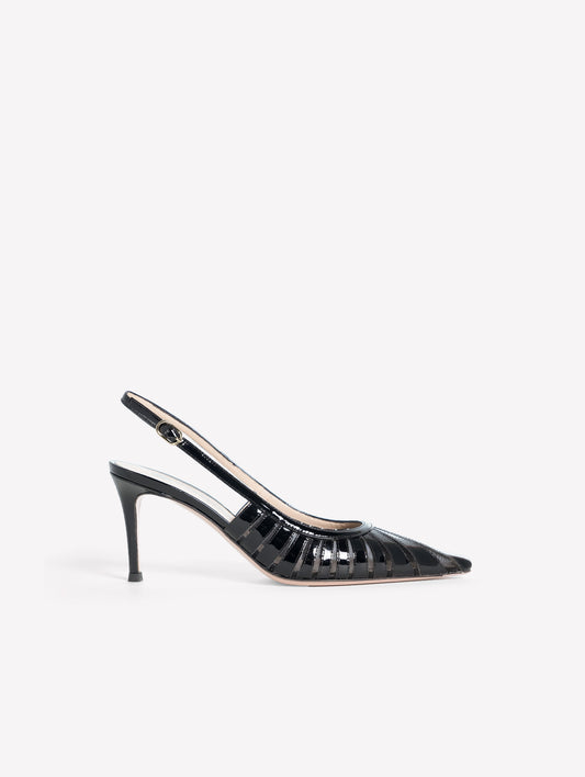 SLINGBACK IN VERNICE NERA CON INTAGLI LASERATI E TACCO MEDIO SUNNY - Scarpe Donna: Calzature eleganti