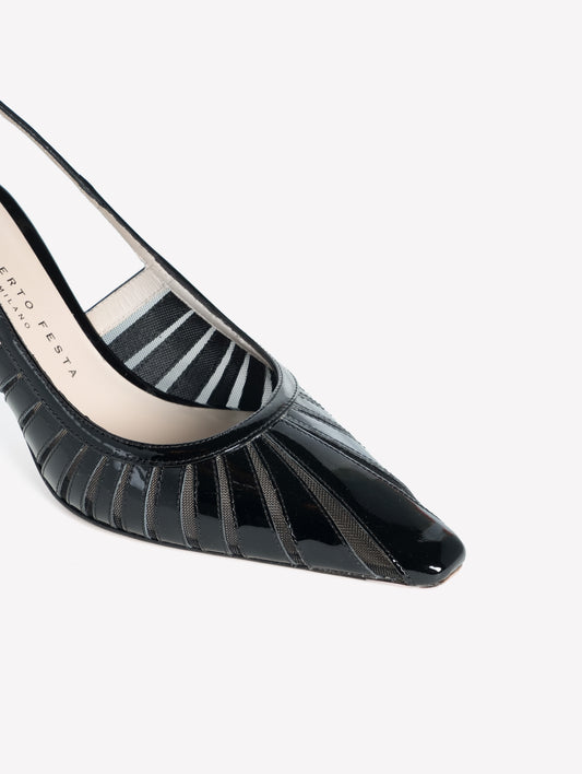SLINGBACK IN VERNICE NERA CON INTAGLI LASERATI E TACCO MEDIO SUNNY - Nero | Roberto Festa