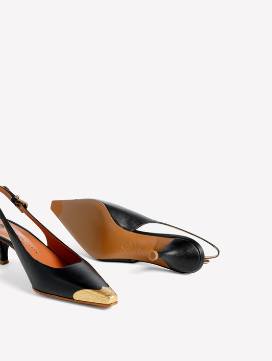SLINGBACK IN PELLE DI CERVO NERA CON PUNTALE ORO DECORATO TESEO - Nero | Roberto Festa
