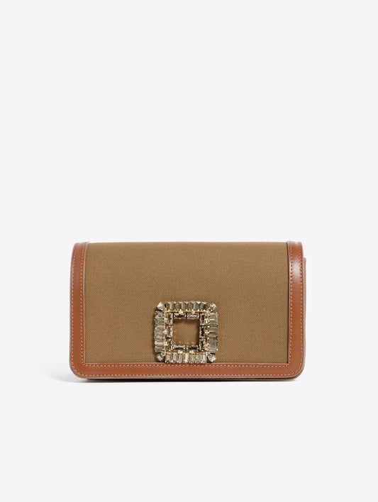 BORSA IN TESSUTO CANVAS VERDE MILITARE CON CORNICE IN PELLE E FIBBIA STRASS TILDA - Verde | Roberto Festa