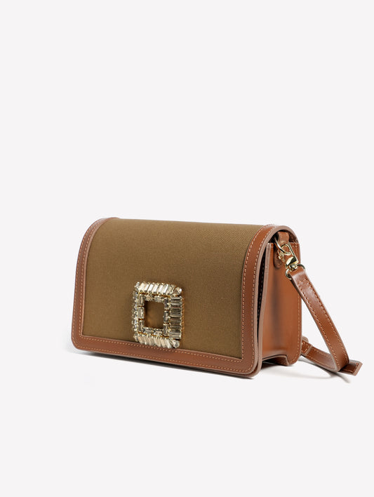 BORSA IN TESSUTO CANVAS VERDE MILITARE CON CORNICE IN PELLE E FIBBIA STRASS TILDA - Verde | Roberto Festa