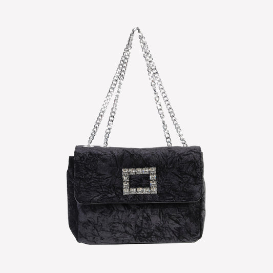 BORSA A SPALLA IN VELLUTO NERO CON ACCESSORIO STRASS TROPEA LUX - Nero | Roberto Festa