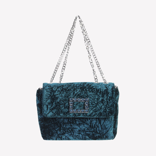 BORSA A SPALLA IN VELLUTO PETROL CON ACCESSORIO STRASS TROPEA LUX - Verde | Roberto Festa