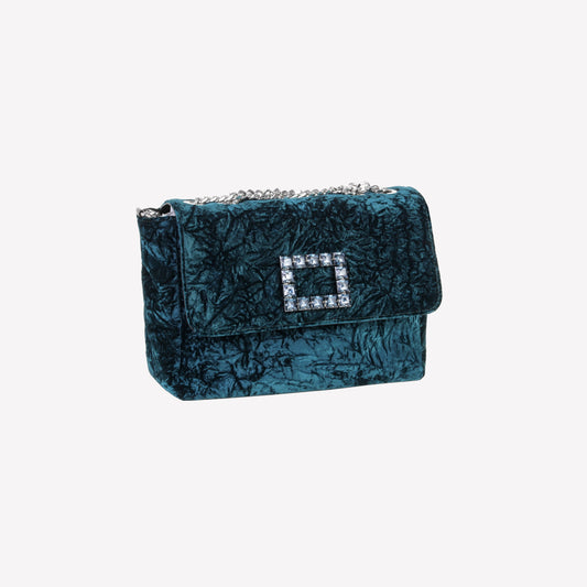 BORSA A SPALLA IN VELLUTO PETROL CON ACCESSORIO STRASS TROPEA LUX - Verde | Roberto Festa