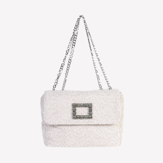 BORSA A SPALLA IN BOUCLE CALCE CON ACCESSORIO STRASS TROPEA LUX - Bianco | Roberto Festa