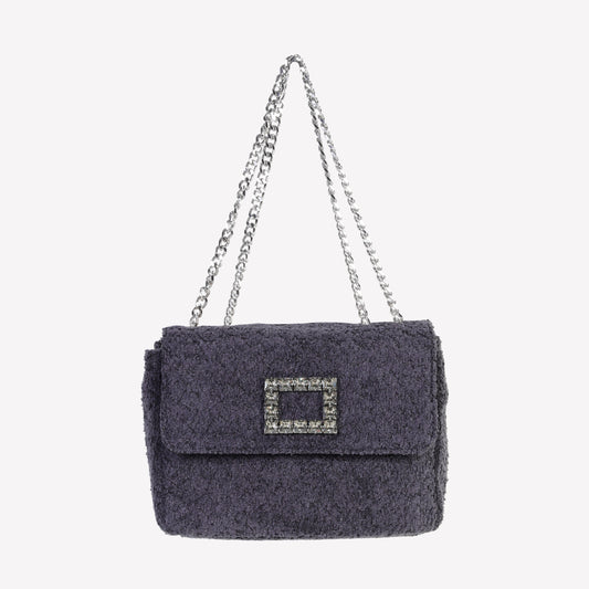 BORSA A SPALLA IN BOUCLE NERO CON ACCESSORIO STRASS TROPEA LUX - Nero | Roberto Festa