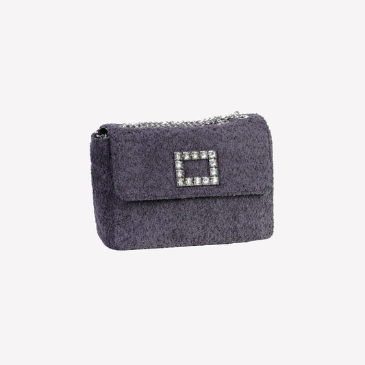 BORSA A SPALLA IN BOUCLE NERO CON ACCESSORIO STRASS TROPEA LUX - Nero | Roberto Festa