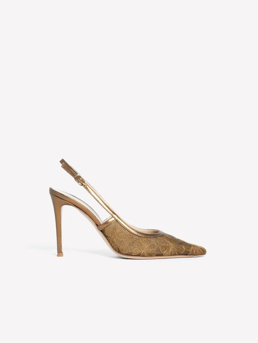 SLINGBACK IN RETE CON RICAMO FLOREALE COLOR BRONZO E TACCO ALTO ZEUS - Marrone | Roberto Festa