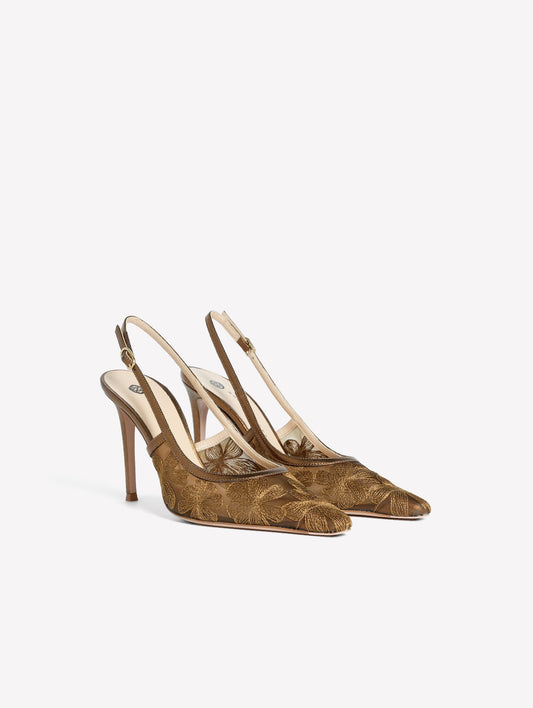 SLINGBACK IN RETE CON RICAMO FLOREALE COLOR BRONZO E TACCO ALTO ZEUS - Marrone | Roberto Festa