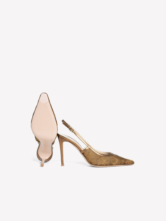 SLINGBACK IN RETE CON RICAMO FLOREALE COLOR BRONZO E TACCO ALTO ZEUS - Marrone | Roberto Festa