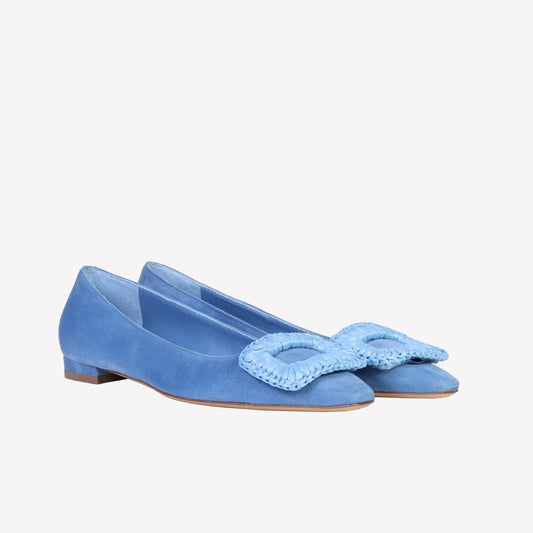 flat in camoscio jeans con accessorio rivestito in raffia canary - Azzurro | Roberto Festa