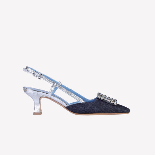 SLINGBACK IN JEANS DENIM CON ACCESSORIO STRASS STEFY - Blu | Roberto Festa