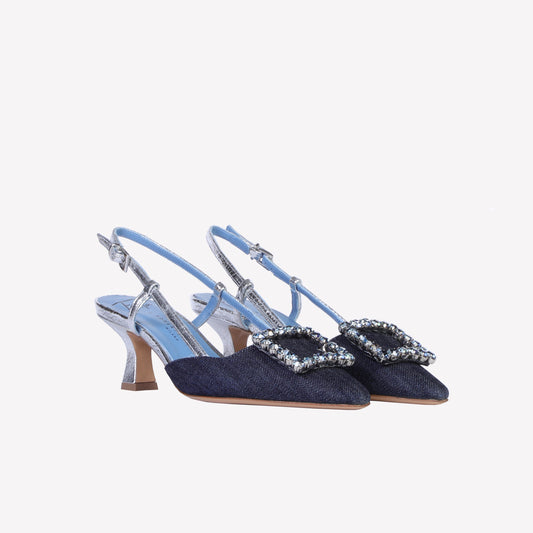 SLINGBACK IN JEANS DENIM CON ACCESSORIO STRASS STEFY - Blu | Roberto Festa