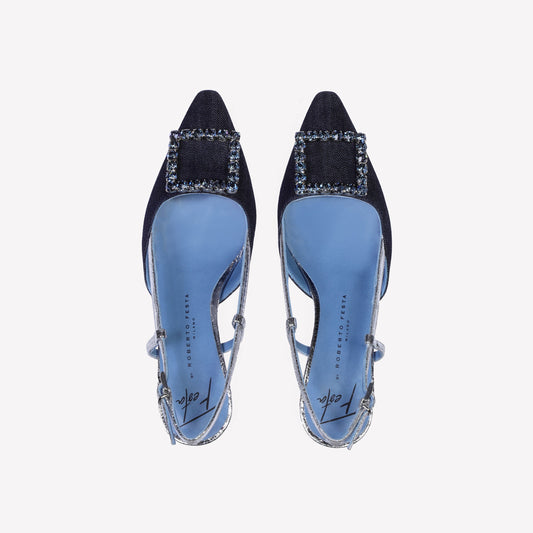 SLINGBACK IN JEANS DENIM CON ACCESSORIO STRASS STEFY - Blu | Roberto Festa